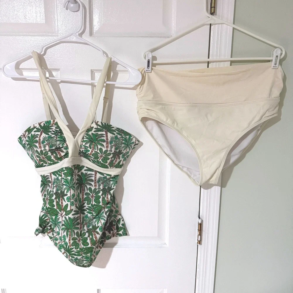 Boden Womens Palm Tree Tankini Top 12 and High Waist Bottoms 14 Cream Green Set
